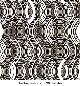 Seamless monochrome pattern with striped abstract leaves.