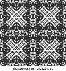 Patrón monocromático sin costuras con Elementos estilizados en forma de cruz e imitación de bordado de suéter calado. Blanco sobre negro. Ilustración vectorial