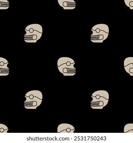 Seamless monochrome pattern with stylized human skulls. Native American design of Aztec Indians. Skeleton head. White silhouettes on black background.