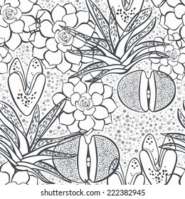 Seamless monochrome pattern with succulents.