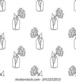 Patrón monocromo sin foco con girasoles en frasco. Flores silvestres en frascos de vidrio repiten el patrón. Ilustración del contorno del vector aislada en blanco