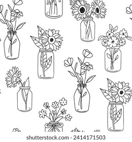 Seamless monochrome pattern with sunflowers in jar. Flowers in glass bottle repeat pattern. Vector outline illustration isolated on white