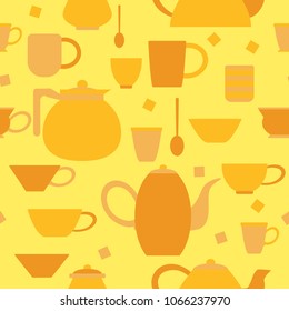 Seamless monochrome pattern of tea pots, cups, mugs, coffee pots, sugar cubes on yellow background