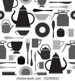 Seamless monochrome pattern with tea service set