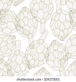 Seamless monochrome pattern with tender artichokes. Vector illustration for web design, fabric, paper, wallpaper, etc.