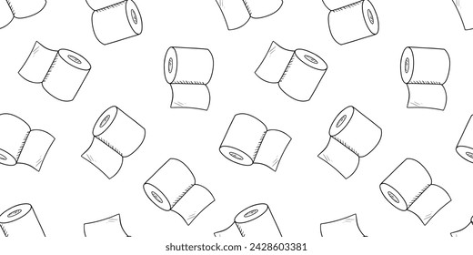 Seamless monochrome pattern with toilet paper doodle. Vector sketch on white background.