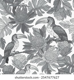 Padrão monocromático contínuo com pássaro tucano, folhas tropicais e flores exóticas, plantas da vida selvagem e folhagem fresca da selva. Objetos isolados de ilustração vetorial