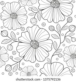 Seamless monochrome pattern with tracery striped flowers, leaves, balls and curls on a transparent background. Vector image. Eps 8