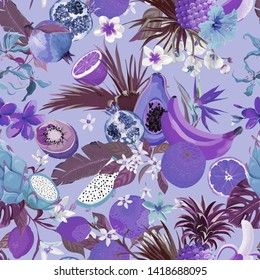 Seamless monochrome pattern with tropical fruits and flowers. Banana, Orange, Lemon, Pineapple, Dragon fruit background for textile, fashion texture, wallpaper in vector