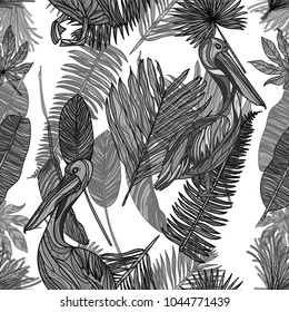 Seamless monochrome pattern with tropical leaves and pelicans on white background. Vector illustration.