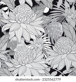 Seamless monochrome pattern with tropical plants.