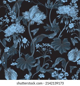 Seamless monochrome pattern with tulips, geraniums and bugs. Vector