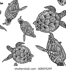 Seamless monochrome pattern with turtles. Vector illustration.