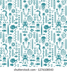 Seamless monochrome pattern with underwater plants and animals. Concept for nursery prints, textile, wallpapers.