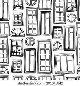 Seamless monochrome pattern of a variety of windows. Vector.