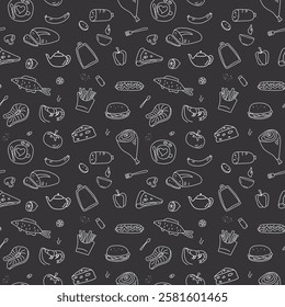 Seamless monochrome pattern with various food and drinks. Hand drawn texture for menu, packaging or cafe. Beverages, fish, ice cream and others food on blackboard. Doodle vector illustration