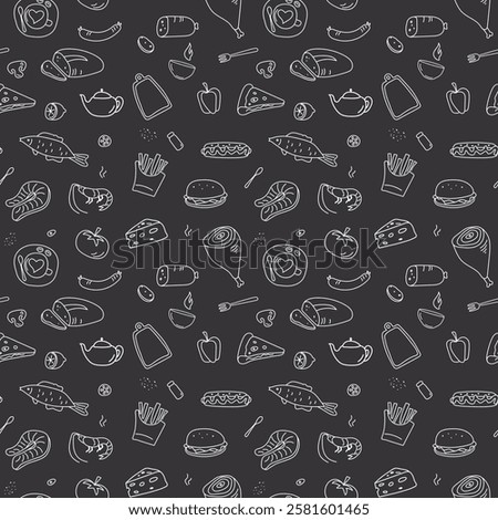 Seamless monochrome pattern with various food and drinks. Hand drawn texture for menu, packaging or cafe. Beverages, fish, ice cream and others food on blackboard. Doodle vector illustration