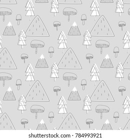 Seamless monochrome pattern vector illustration of graphic drawing mountain, mushroom and pine tree on grey background, for fabric, textile, paper, wallpaper, wrapping or greeting card. Doodle element