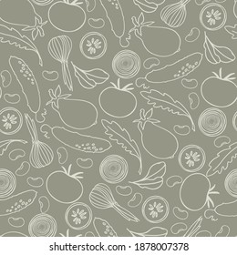 Seamless monochrome pattern with vegetables, beans and greens on black background for surface design, posters, illustrations. Isolated elements. Healthy carb foods, vegan concepts