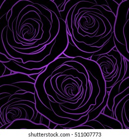 Seamless monochrome pattern with violet roses. Beautiful pattern for decoration and design. Trendy print. Exquisite pattern for design of watercolor sketches of the flowers. Vintage, retro.