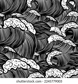 Seamless monochrome pattern with waves. Design for backdrops with sea, rivers or water texture. Repeating texture. Figure for textiles. Print for the cover of the book, postcards, t-shirts.