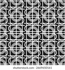 Patrón monocromático sin fisuras con adorno geométrico blanco sobre fondo negro. Ilustración vectorial