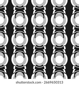 Patrón monocromático sin fisuras con adorno geométrico blanco sobre fondo negro. Versión 3. Ilustración vectorial
