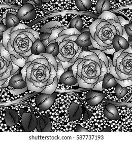 Seamless monochrome pattern with white roses on black background, vector illustration.