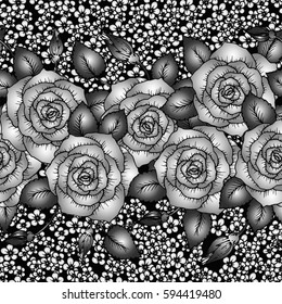 Seamless monochrome pattern with white roses on black background, vector illustration.