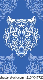 Seamless monochrome pattern with white silhouette of a tiger head on blue background. Vector texture with contour of roar formidable predator. Tracery symbol of the eastern new year.