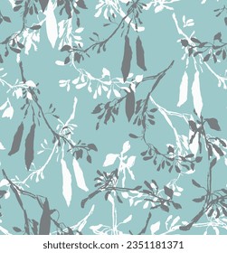 Seamless monochrome pattern of wild acacia branch silhouettes entangled on turquoise backdrop. Rustic hand-drawn plant illustration of plants in vector.