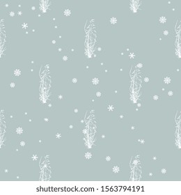 Seamless monochrome pattern with wild grasses and snowflakes. Seasonal winter motif.