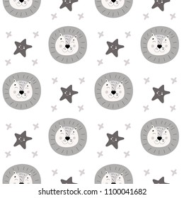 Seamless monochrome Pattern with wild hand drawn doodle animal lion face and star. In grey white colors in Scandinavian style for kids.
