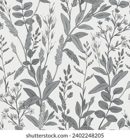 Seamless monochrome pattern with wild herbs