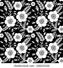 Seamless monochrome pattern with wild roses for your design