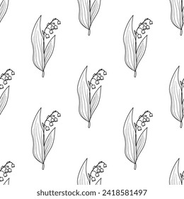 Seamless monochrome pattern with wildflowers and flowers lily of the valley, line art. Vector plants in outline style