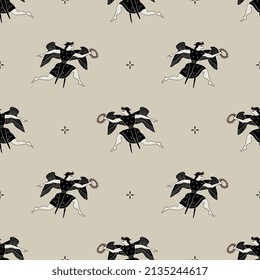 Seamless monochrome pattern with winged ancient Greek goddess Nike or Victory. Black and white silhouettes on light background.