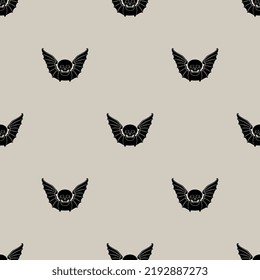 Seamless monochrome pattern with winged skulls. Human dead head with bat wings. Medieval death symbol. Memento mori. Black silhouettes on white background.