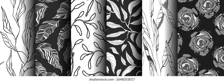 Seamless monochrome plant backgrounds. Nature motifs, flowers, roses, buds, branches, vines, tropical leaves, designs. Vector illustrations for printing wallpaper, packaging, fabric, bedding, clothing