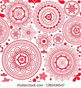 Seamless monochrome red pattern with circles and flowers on transparent background. Vector image eps 8