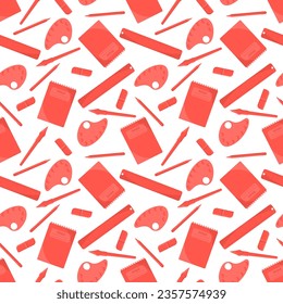 Seamless monochrome red pattern with school supplies: rulers,brushes,pencils,notebooks.Changeable pattern background.Flat illustration on white background.School and student education.