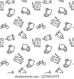 Seamless monochrome repeating pattern of moped, bus station, bicycle, truck, van