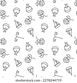 Seamless monochrome repeating pattern of paragliding, street lamp, sailing, coconut water