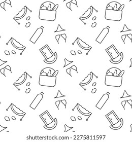 Seamless monochrome repeating pattern of picnic, public toilet, bikini, picnic, bridge, bottle of water 