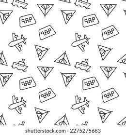 Seamless monochrome repeating pattern of ship, airplane, tent, taxi 