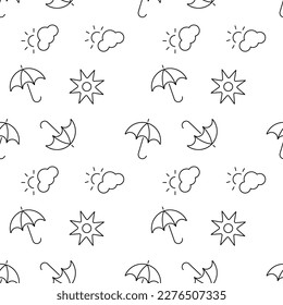 Seamless monochrome repeating pattern of umbrella, sun, clouds 