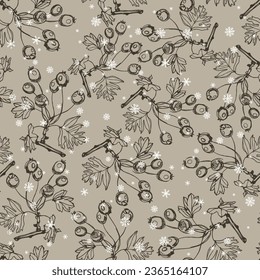 Seamless monochrome seasonal floral pattern with silhouetted branches of hawthorn tree and snowflakes. Hand drawn linear sketches.