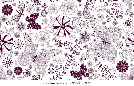 Seamless monochrome spring pattern with butterflies and flowers on a transparent background. Vector
