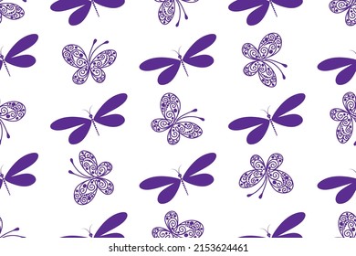 Seamless monochrome spring pattern with butterflies and dragonflies on a transparent background. Vector eps 10