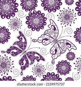 Seamless monochrome spring pattern with butterflies and flowers on a transparent background. Vector eps 10